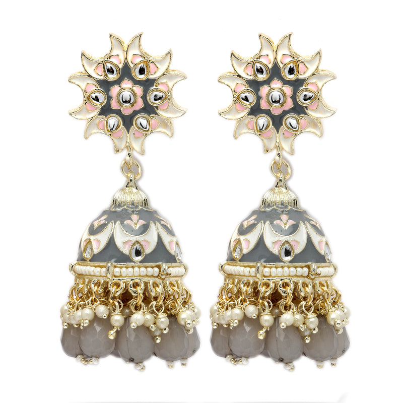 Gold-Plated Grey & White Kundan-Pearls studded Crescent Shaped Hand Painted Jhumka Earrings