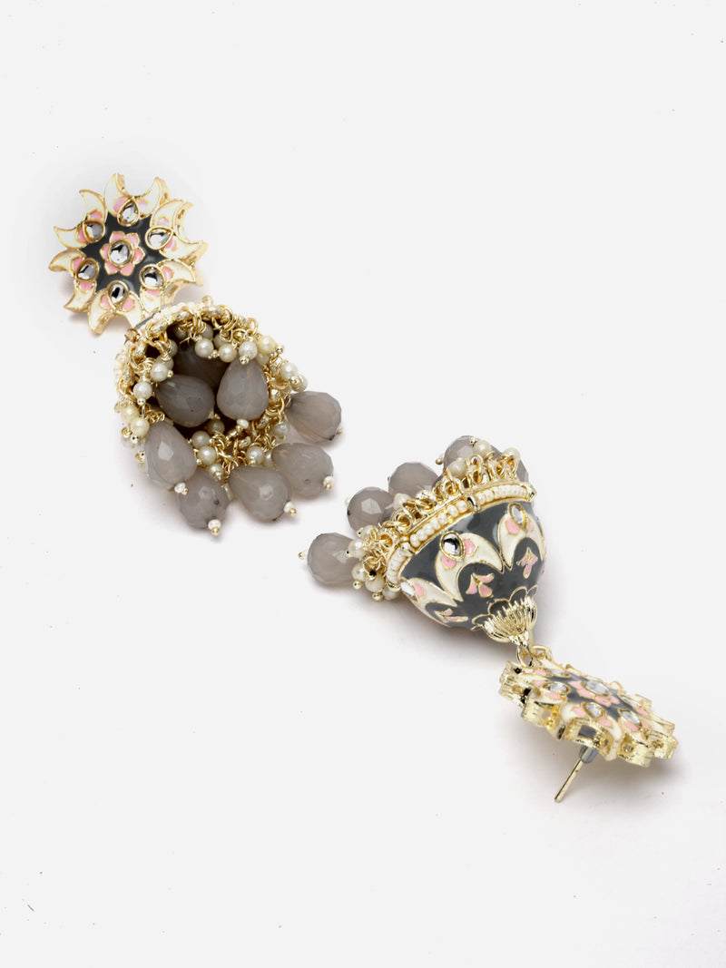 Gold-Plated Grey & White Kundan-Pearls studded Crescent Shaped Hand Painted Jhumka Earrings
