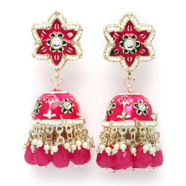 Gold-Plated Pink & White Kundan-Pearls studded Star Shaped Enamelled Jhumka Earrings