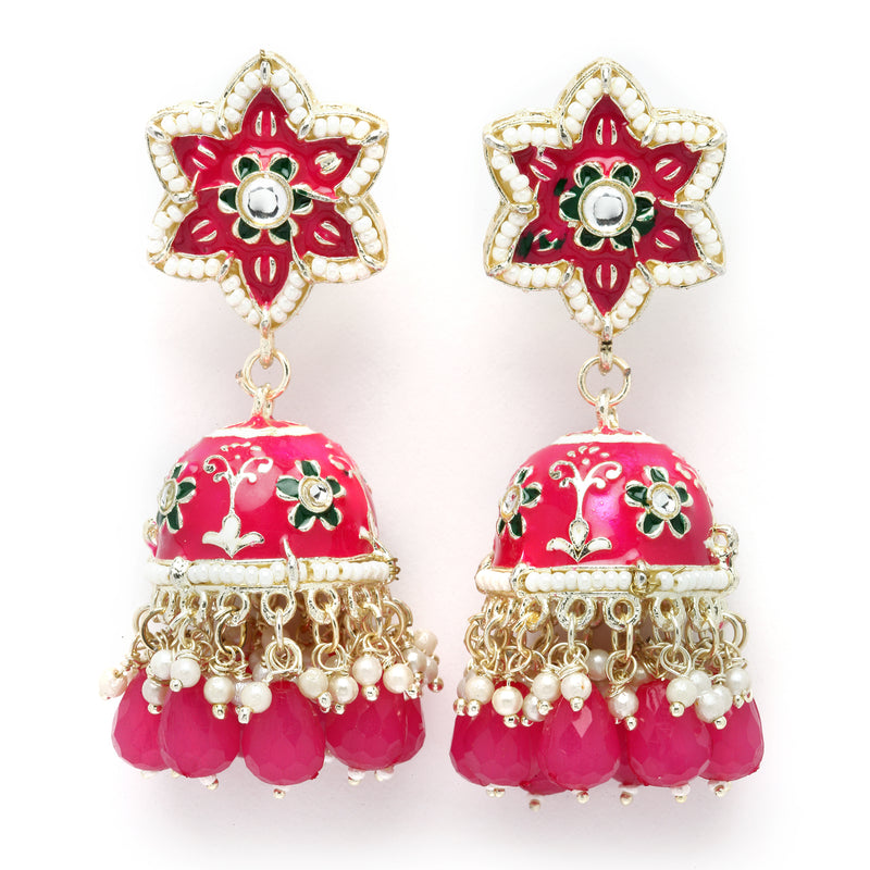 Gold-Plated Pink & White Kundan-Pearls studded Star Shaped Enamelled Jhumka Earrings