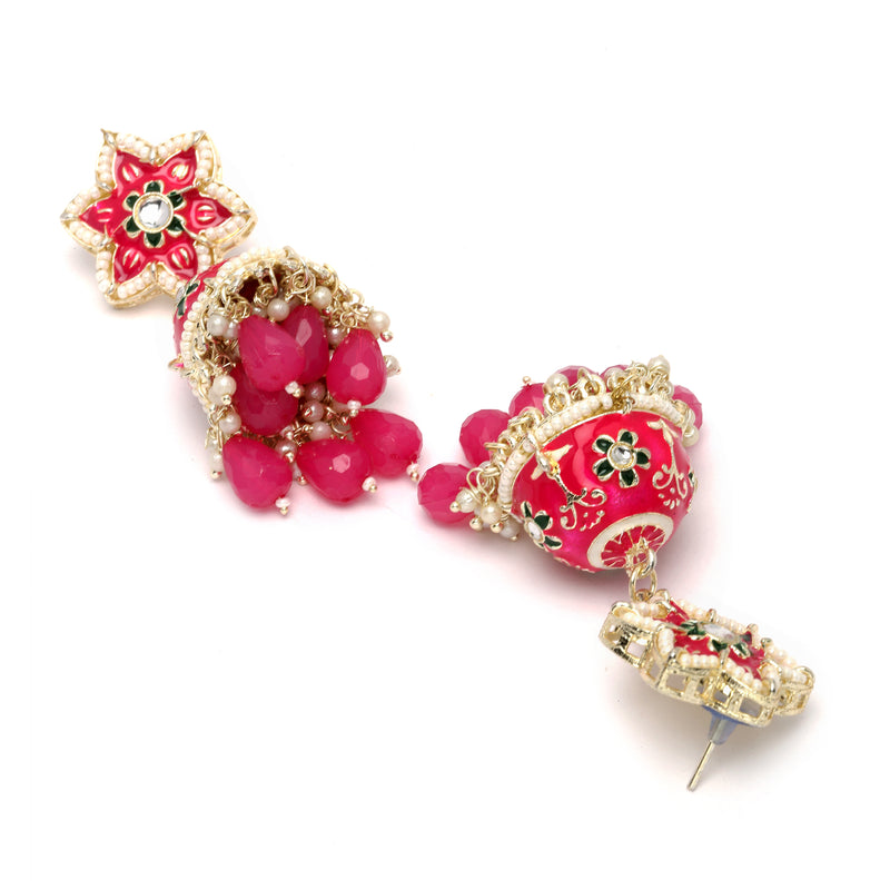 Gold-Plated Pink & White Kundan-Pearls studded Star Shaped Enamelled Jhumka Earrings