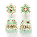 Gold-Plated Sea Green & White Kundan-Pearls studded Star Shaped Enamelled Jhumka Earrings