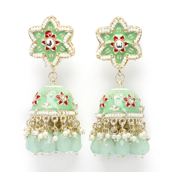 Gold-Plated Sea Green & White Kundan-Pearls studded Star Shaped Enamelled Jhumka Earrings