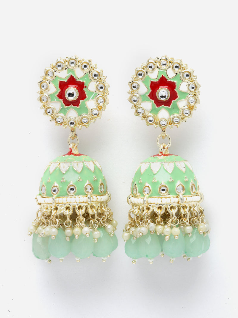 Gold-Plated Sea Green Kundan & White Pearls studded Dome Shaped Handcrafted Jhumka Earrings