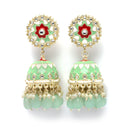 Gold-Plated Sea Green Kundan & White Pearls studded Dome Shaped Handcrafted Jhumka Earrings