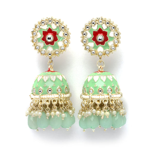 Gold-Plated Sea Green Kundan & White Pearls studded Dome Shaped Handcrafted Jhumka Earrings
