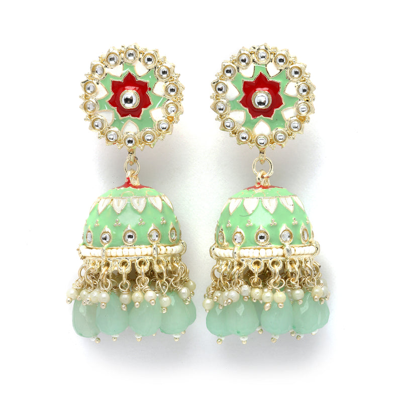 Gold-Plated Sea Green Kundan & White Pearls studded Dome Shaped Handcrafted Jhumka Earrings