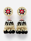 Gold-Plated Black Kundan & White Pearls studded Dome Shaped Handcrafted Jhumka Earrings