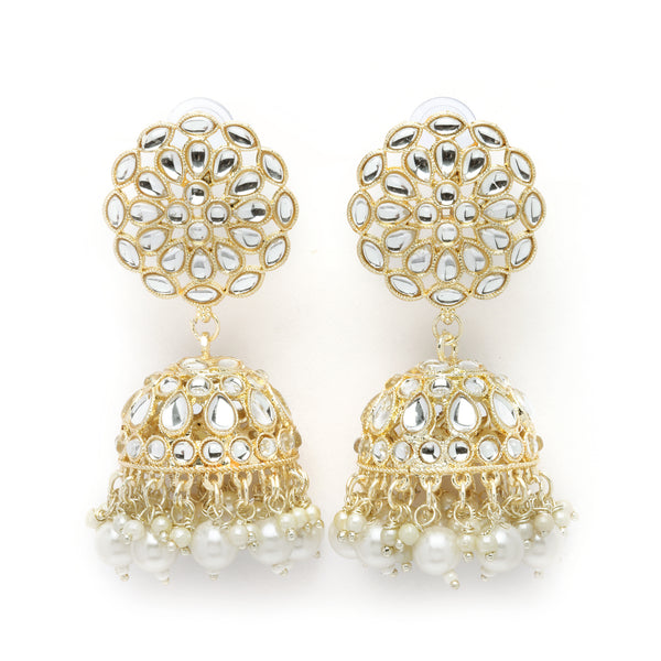 Gold-Plated White Kundan & White Pearls studded Flower Shaped Vilandi Jhumka Earrings