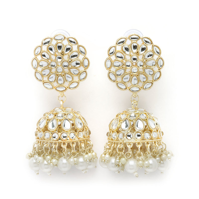 Gold-Plated White Kundan & White Pearls studded Flower Shaped Vilandi Jhumka Earrings