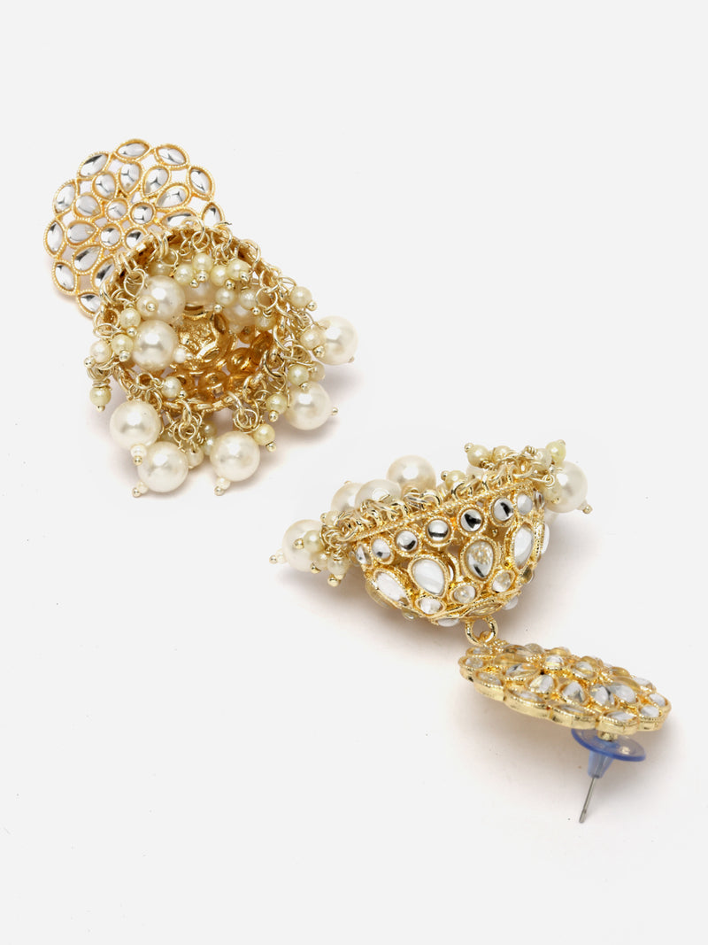 Gold-Plated White Kundan & White Pearls studded Flower Shaped Vilandi Jhumka Earrings
