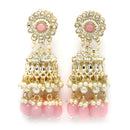 Gold-Plated Pink Kundan & White Pearls studded Dome Shaped Vilandi Jhumka Earrings