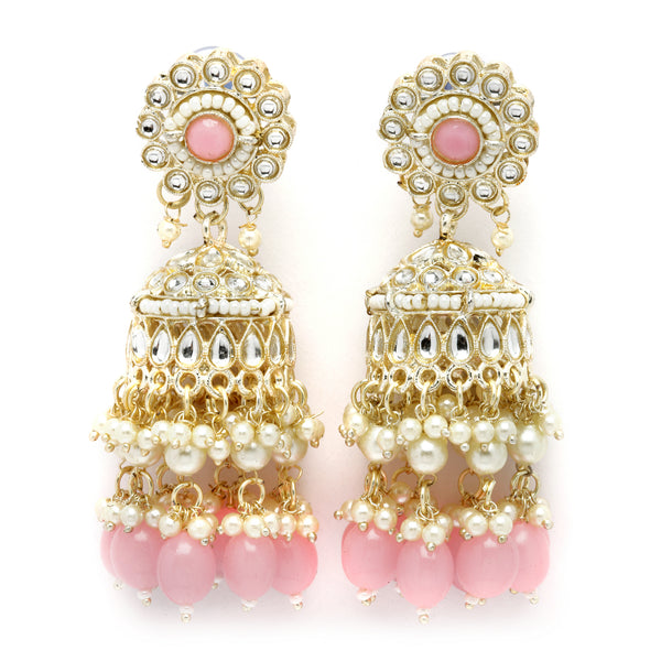 Gold-Plated Pink Kundan & White Pearls studded Dome Shaped Vilandi Jhumka Earrings