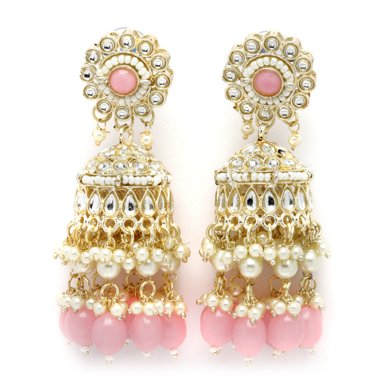 Gold-Plated Pink Kundan & White Pearls studded Dome Shaped Vilandi Jhumka Earrings