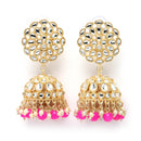 Gold-Plated Pink Kundan & White Pearls studded Flower Shaped Vilandi Jhumka Earrings