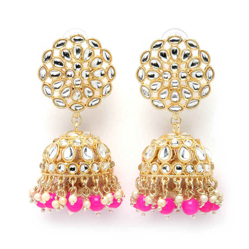 Gold-Plated Pink Kundan & White Pearls studded Flower Shaped Vilandi Jhumka Earrings