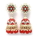 Gold-Plated Red & White Kundan-Pearls studded Crescent Shaped Hand Painted Jhumka Earrings