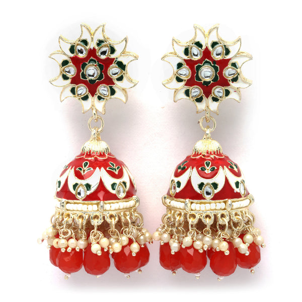 Gold-Plated Red & White Kundan-Pearls studded Crescent Shaped Hand Painted Jhumka Earrings