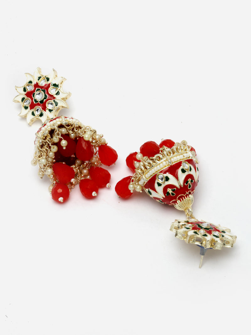 Gold-Plated Red & White Kundan-Pearls studded Crescent Shaped Hand Painted Jhumka Earrings