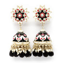 Gold-Plated Black & White Kundan-Pearls studded Crescent Shaped Hand Painted Jhumka Earrings