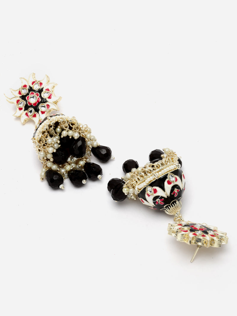 Gold-Plated Black & White Kundan-Pearls studded Crescent Shaped Hand Painted Jhumka Earrings