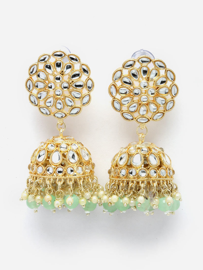 Gold-Plated Sea Green Kundan & White Pearls studded Flower Shaped Vilandi Jhumka Earrings