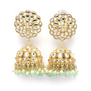 Gold-Plated Sea Green Kundan & White Pearls studded Flower Shaped Vilandi Jhumka Earrings