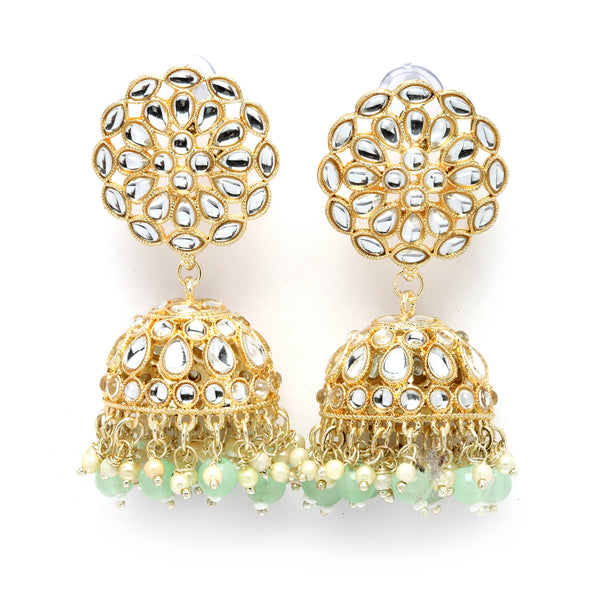 Gold-Plated Sea Green Kundan & White Pearls studded Flower Shaped Vilandi Jhumka Earrings