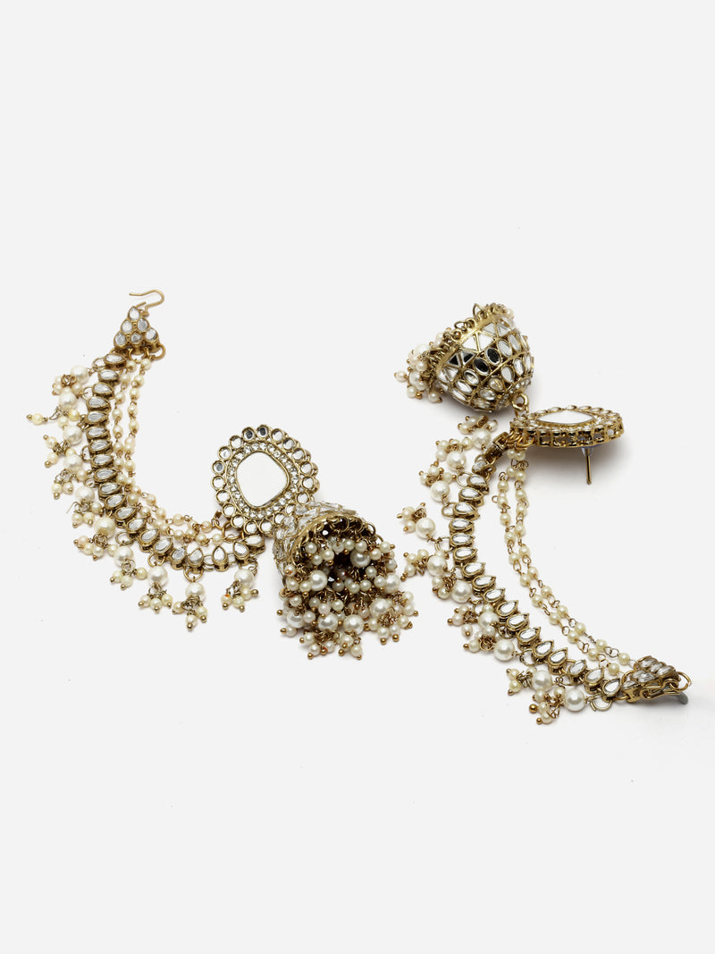 Oxidised Silver-Plated White Pearl studded Jhumka Earrings with Ear Chain