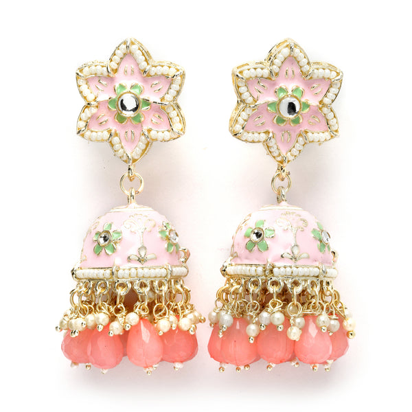Gold-Plated Peach & White Kundan-Pearls studded Star Shaped Enamelled Jhumka Earrings