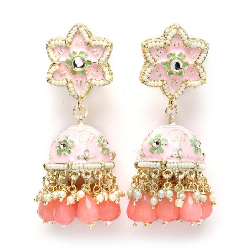 Gold-Plated Peach & White Kundan-Pearls studded Star Shaped Enamelled Jhumka Earrings