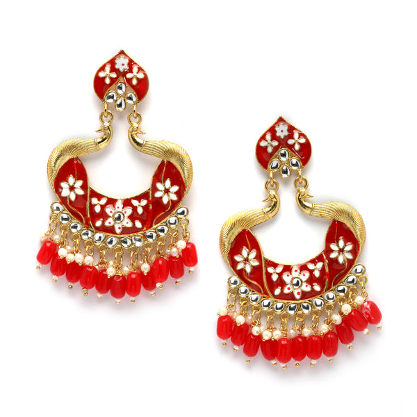 Gold-Plated Red Kundan & White Pearls studded Peacock Shaped Handcrafted Drop Earrings