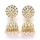 Gold-Plated Peach Kundan & White Pearls studded Flower Shaped Vilandi Jhumka Earrings