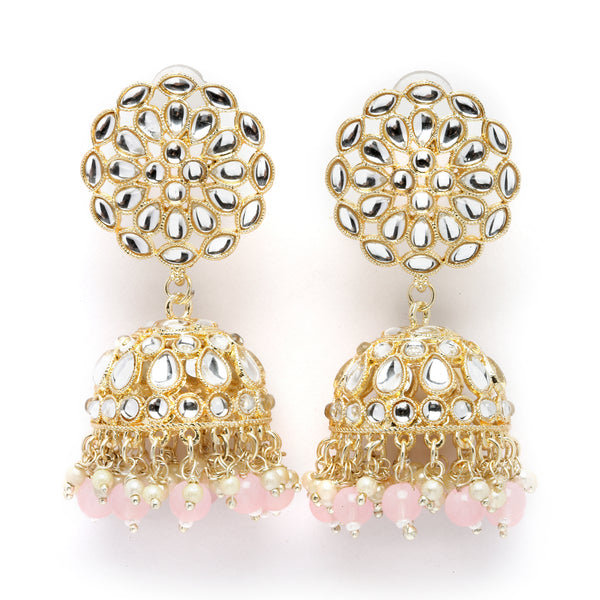 Gold-Plated Peach Kundan & White Pearls studded Flower Shaped Vilandi Jhumka Earrings