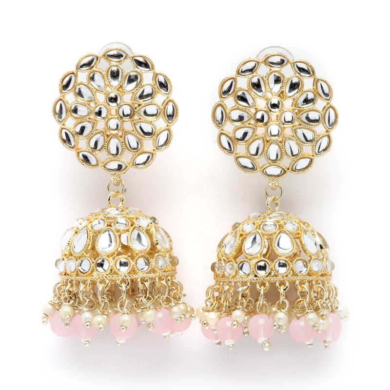 Gold-Plated Peach Kundan & White Pearls studded Flower Shaped Vilandi Jhumka Earrings
