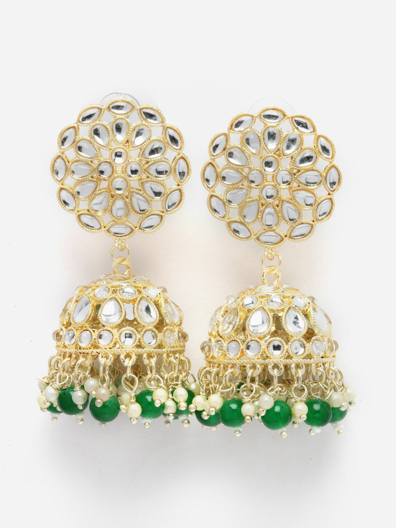 Gold-Plated Green Kundan & White Pearls studded Flower Shaped Vilandi Jhumka Earrings