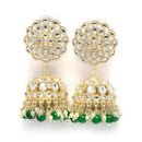 Gold-Plated Green Kundan & White Pearls studded Flower Shaped Vilandi Jhumka Earrings