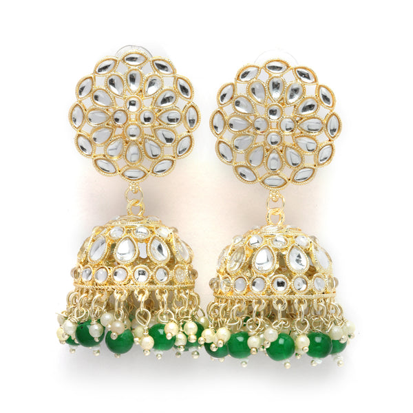 Gold-Plated Green Kundan & White Pearls studded Flower Shaped Vilandi Jhumka Earrings