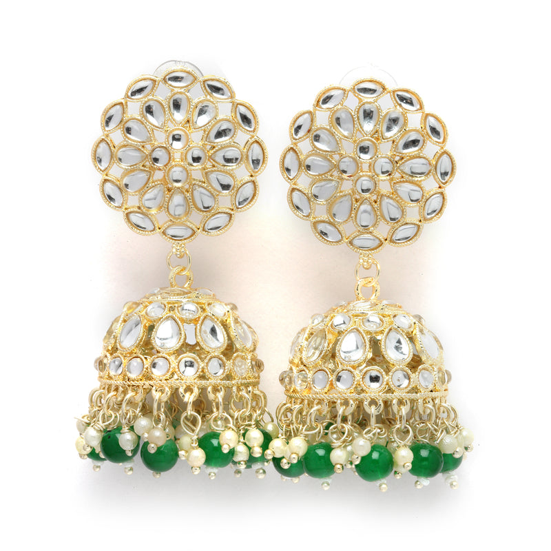 Gold-Plated Green Kundan & White Pearls studded Flower Shaped Vilandi Jhumka Earrings