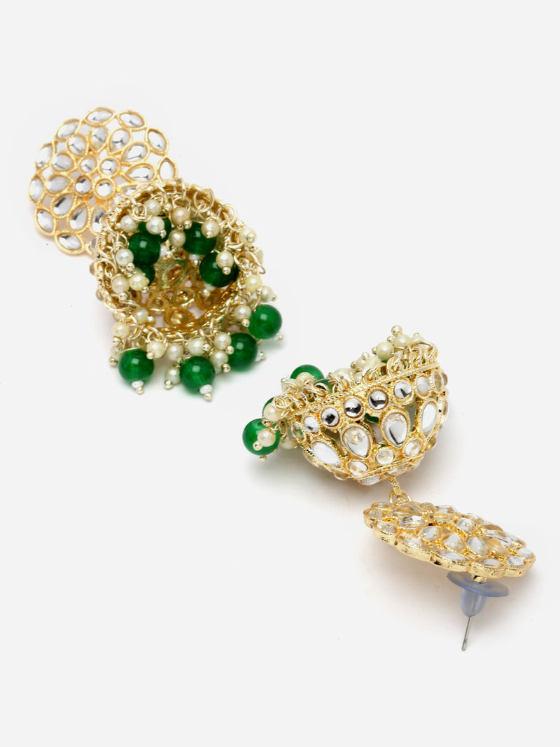 Gold-Plated Green Kundan & White Pearls studded Flower Shaped Vilandi Jhumka Earrings