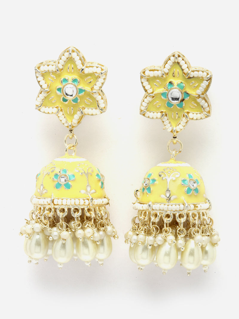 Gold-Plated Yellow & White Kundan-Pearls studded Star Shaped Enamelled Jhumka Earrings