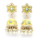 Gold-Plated Yellow & White Kundan-Pearls studded Star Shaped Enamelled Jhumka Earrings