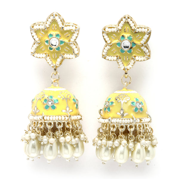 Gold-Plated Yellow & White Kundan-Pearls studded Star Shaped Enamelled Jhumka Earrings