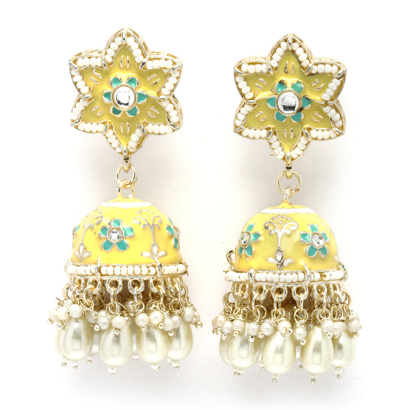 Gold-Plated Yellow & White Kundan-Pearls studded Star Shaped Enamelled Jhumka Earrings