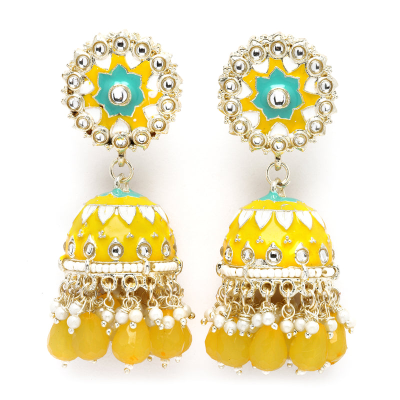 Gold-Plated Yellow Kundan & White Pearls studded Dome Shaped Handcrafted Jhumka Earrings