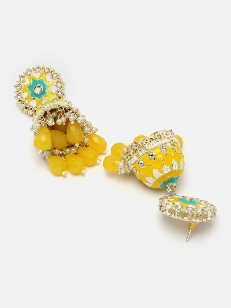 Gold-Plated Yellow Kundan & White Pearls studded Dome Shaped Handcrafted Jhumka Earrings
