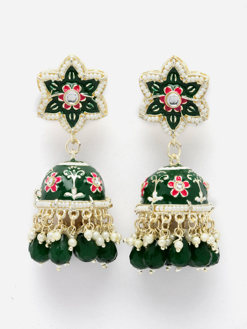 Gold-Plated Green & White Kundan-Pearls studded Star Shaped Enamelled Jhumka Earrings