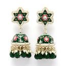 Gold-Plated Green & White Kundan-Pearls studded Star Shaped Enamelled Jhumka Earrings