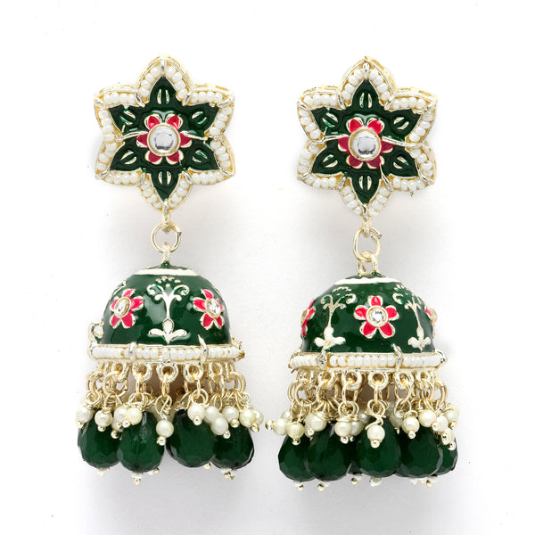 Gold-Plated Green & White Kundan-Pearls studded Star Shaped Enamelled Jhumka Earrings