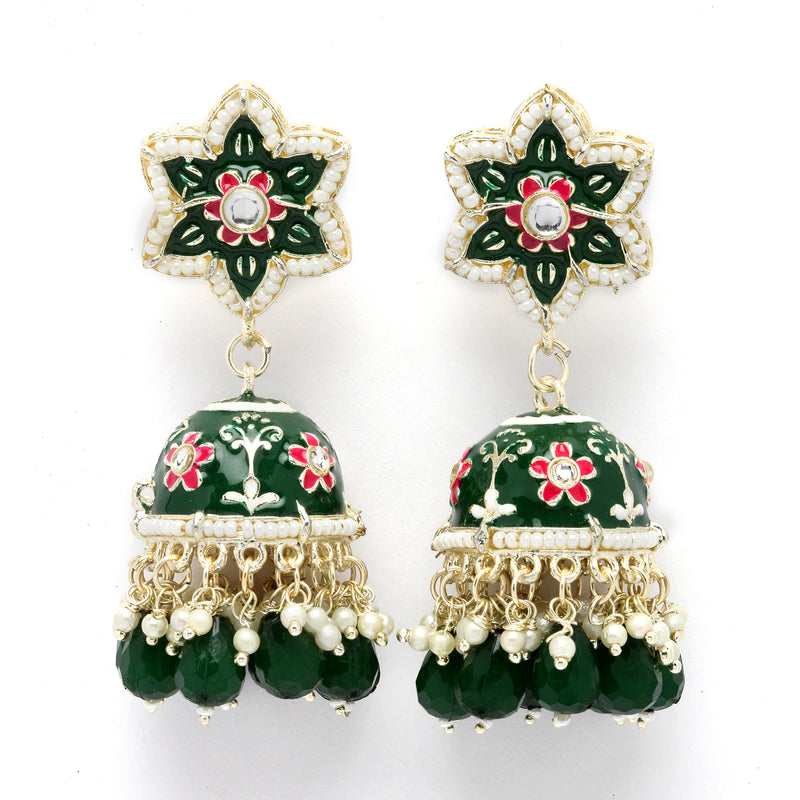 Gold-Plated Green & White Kundan-Pearls studded Star Shaped Enamelled Jhumka Earrings